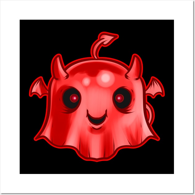 Cute Kawaii Chibi Red Ghost With Horns Tiny Wings Halloween Wall Art by SinBle